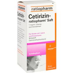 Orangene Medikamentenverpackung für Cetirizin-Saft von Ratiopharm, geeignet ab 2 Jahren.