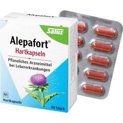 Eine Packung Alepafort Hartkapseln mit einer Blisterpackung roter Kapseln davor.
