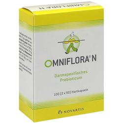 Gelbe Packung mit Probiotikum-Kapseln von Novartis namens Omniflora N.