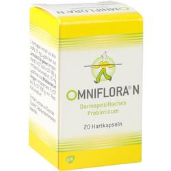Gelbe und weiße Verpackung von Omniflora N mit 20 Probiotika-Hartkapseln.