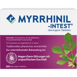 Verpackung von Tabletten gegen Magen-Darm-Störungen mit Myrrhe, Kaffeekohle und Kamille.