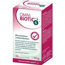 Eine Packung OMNi-BiOTiC 6 Nahrungsergänzungsmittel mit probiotischen Kulturen.