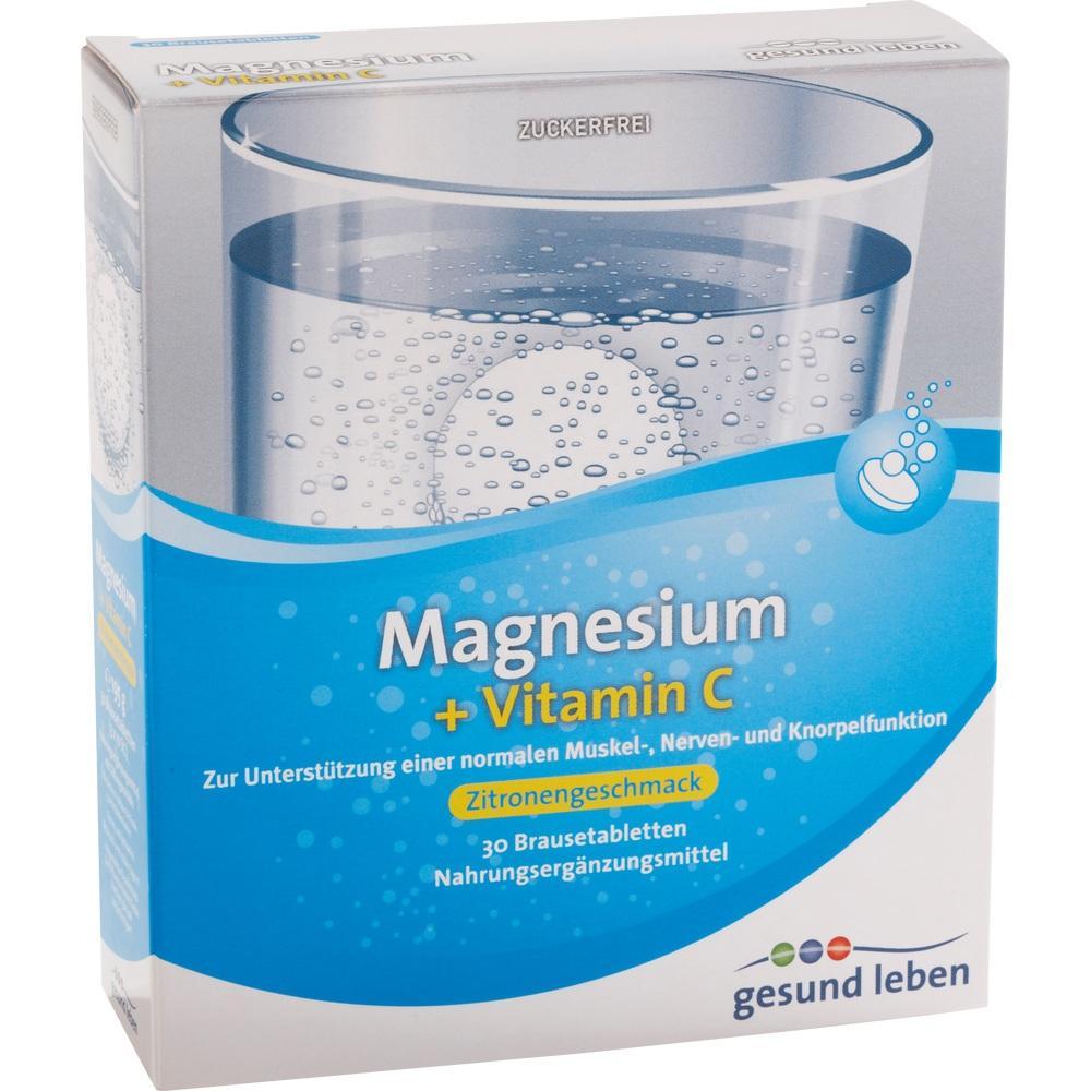 Verpackung für Magnesium- und Vitamin-C-Brausetabletten mit Zitronengeschmack.