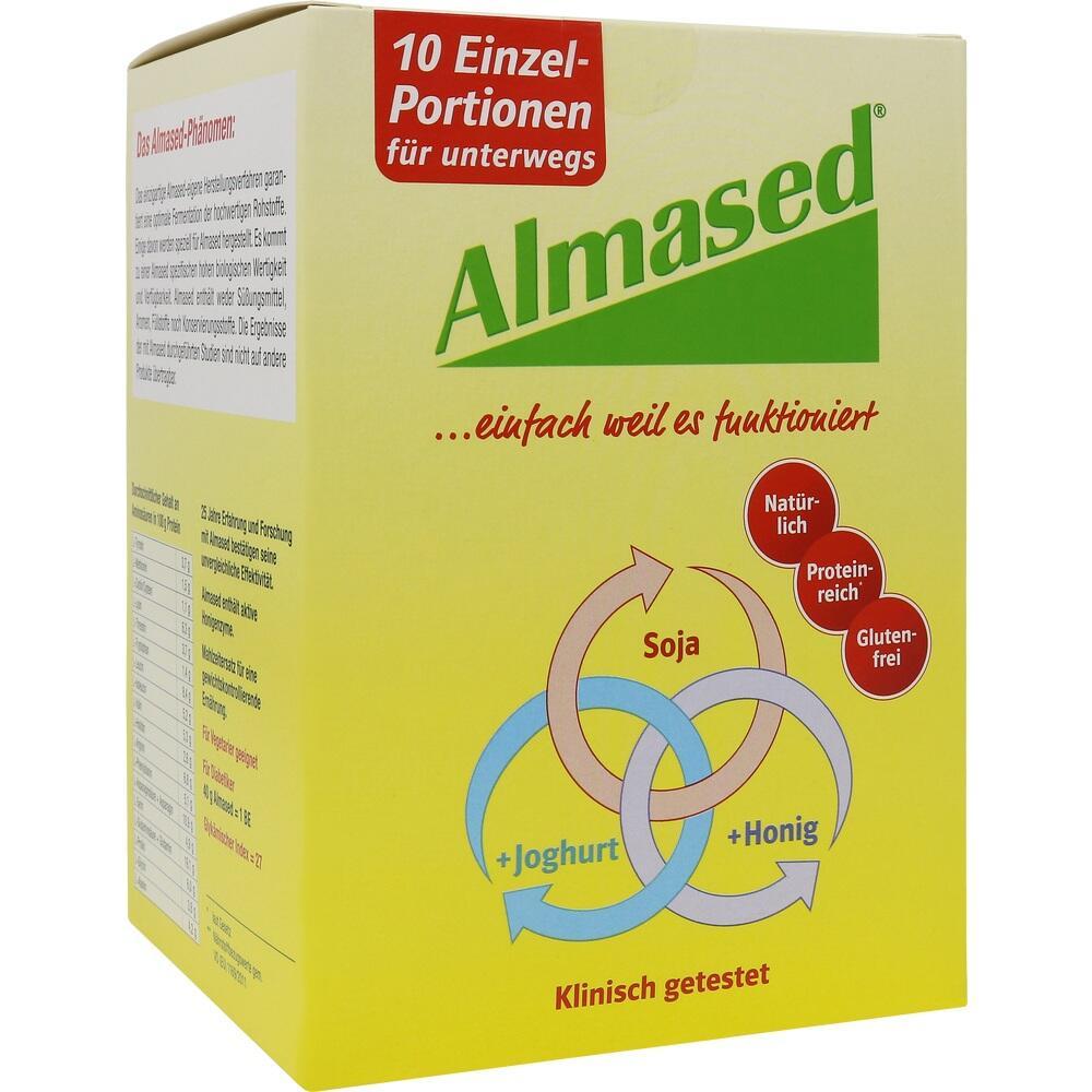 Eine gelbe Almased-Verpackung mit Einzelportionen und den Zutaten Soja, Joghurt und Honig.